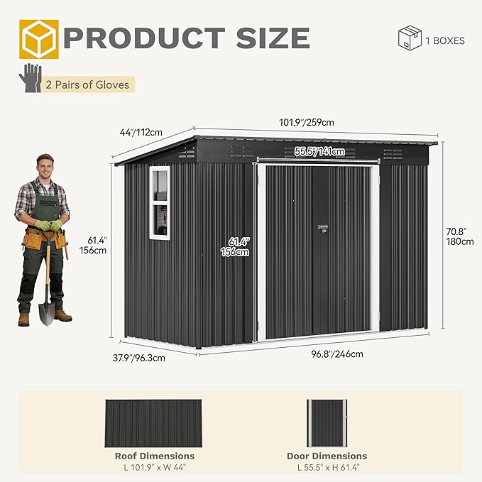 DWVO 9' x 4' Outdoor Storage Shed with Windows, Lockable Double Doors, Sloped Roof, Heavy-Duty Steel Shed for Garden & Patio, Large Backyard Tool Organizer, Dark Gray