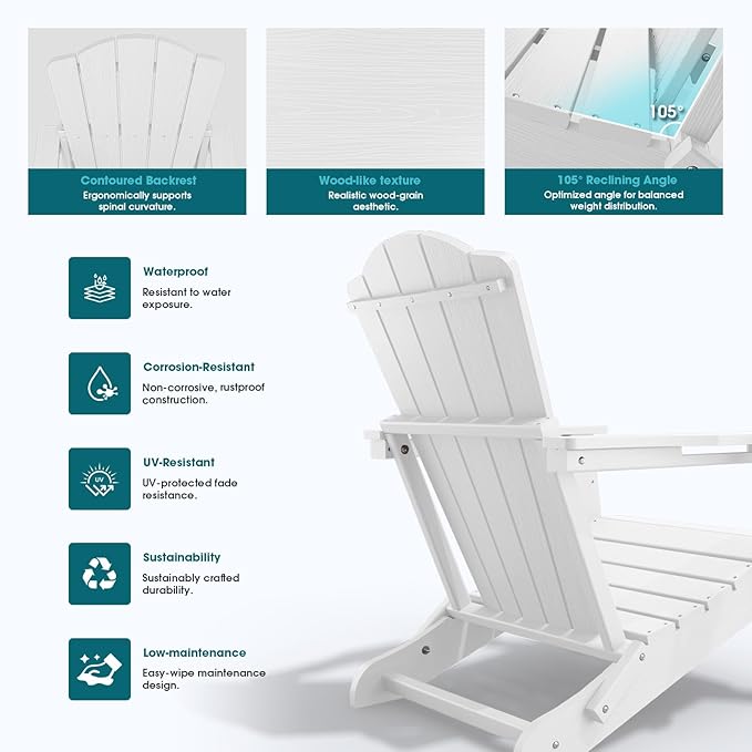 THOEOE Folding Adirondack Chair Set of 8, HDPE All-Weather Outdoor Chair with Cup Holder, Wooden Textured, Fire Pit Chair, Plastic Patio Chair for Deck, Backyard, Garden, Lawn, White