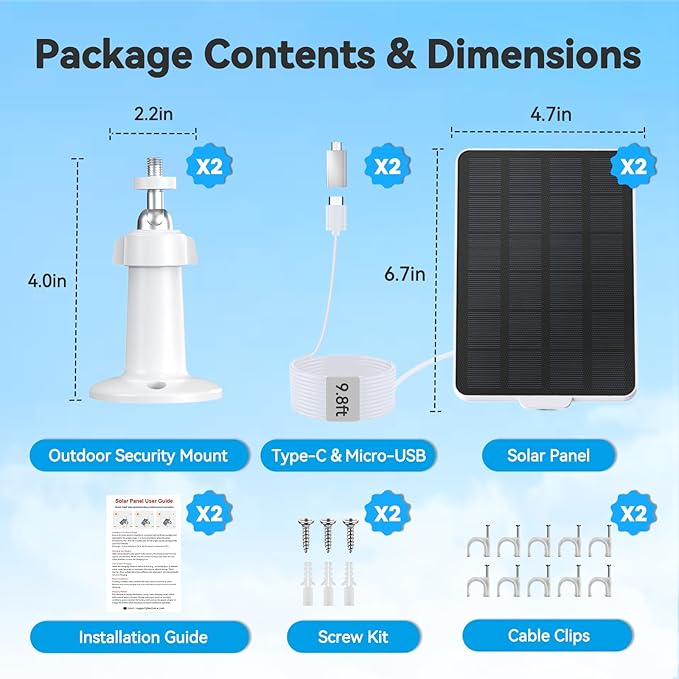 3W Solar Panel for Battery-Powered Security Cameras,USB-C & Micro USB Solar Charger for Wireless Outdoor Cameras,IP65 Waterproof, 9.8ft Cable, 360° Adjustable Mount (White, 2 Pack)