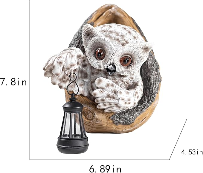 Outdoor Resin Owl Statue with Solar-Powered Lantern, Brown, Garden Sculpture, 7.8 x 6.89 x 4.53 Inches Trunk & Fence Decorations