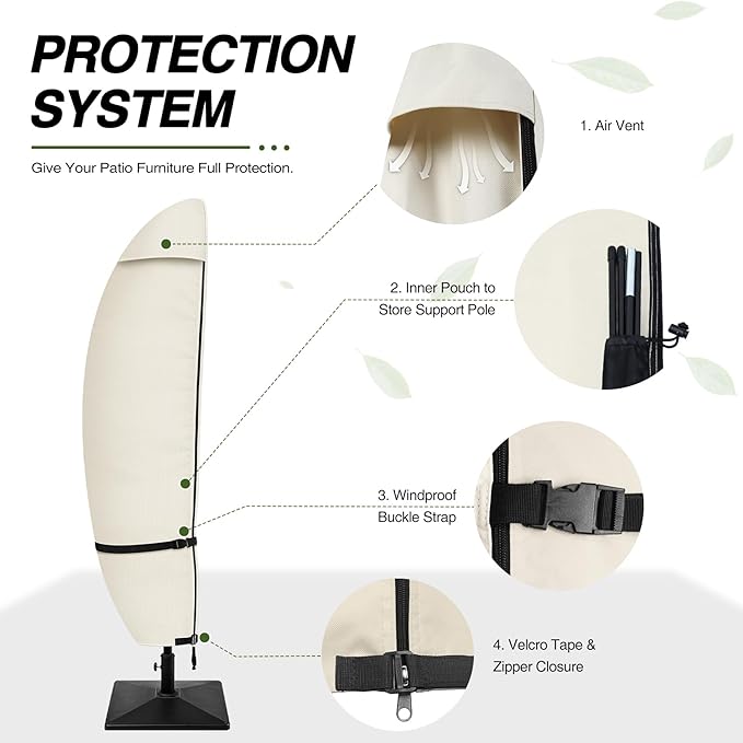 Porch Shield Patio Umbrella Cover - Outdoor Waterproof Garden Offset Banana Parasol Cover Fits Cantilever Offset Umbrella 7.5-11.5 Feet, Beige