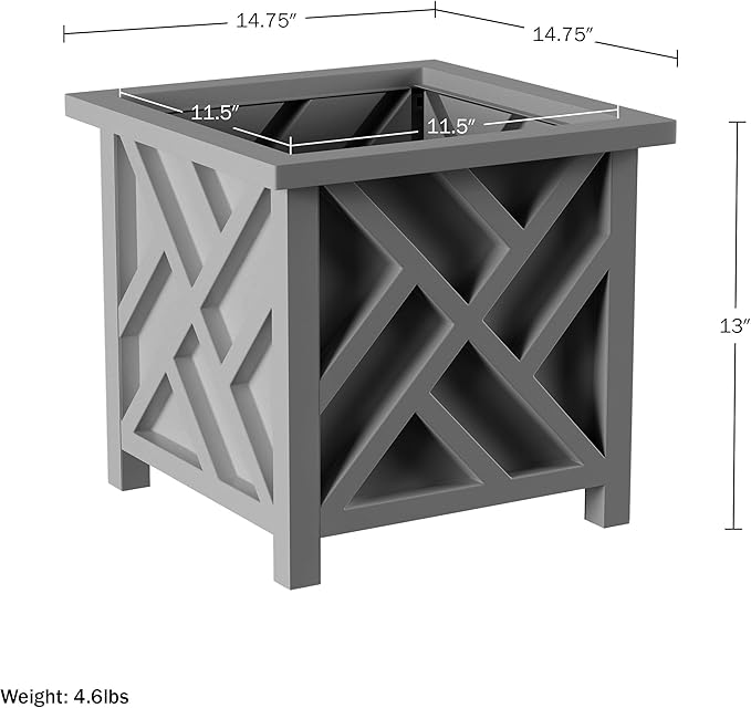 Lattice Design Outdoor Planter Box - 14.75” Square 13” Tall Gray Plant Pot - Decorative Plant Pots for Front Porch Decor - Flower Pots Outdoor Planters for Porch Patio or Garden Decor by Pure Garden