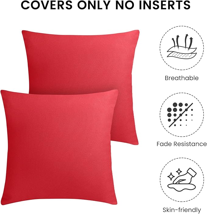 Premillow Outdoor Pillow Covers Set of 2, Decorative Farmhouse Waterproof Pillow Covers, Solid Linen Pillowcase Cushion Covers for Patio Garden Balcony Couch Sofa 18x18 inch, Red