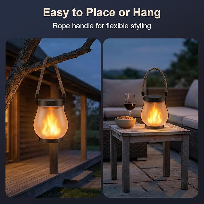 Solar Lanterns Outdoor Waterproof 8 Pack, Outdoor Solar Lanterns with Flickering Flame Effect, USB-C & Solar Charging, Auto Dusk to Dawn, Hanging Light for Garden Patio Yard