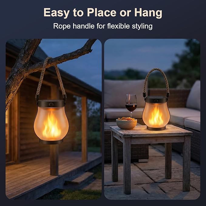 Solar Lanterns Outdoor Waterproof 6 Pack, Outdoor Solar Lanterns with Flickering Flame Effect, USB-C & Solar Charging, Auto Dusk to Dawn, Hanging Light for Garden Patio Yard