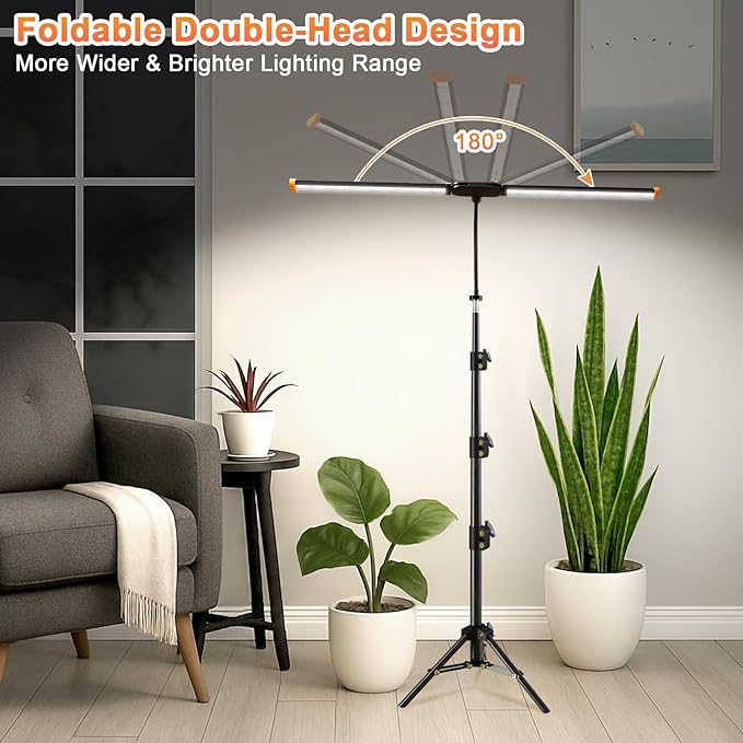 Plant Grow Light with Stand,Super Bright 6000K White Full Spectrum Floor Growing Lamp with Rotatable Dual Light Head & Height Adjustable 17-62" for Indoor Tall Plants, Dimmable & Auto Timer 4/8/12H