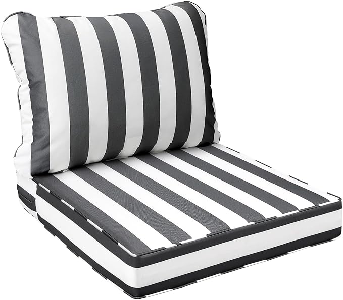 AAAAAcessories Outdoor Seat Cushions for Chairs, Fade-Resistant, Waterproof Patio Furniture Replacement Cushions, 19" x 19" x 3" + 19" x 17", Gray Cabana Stripe