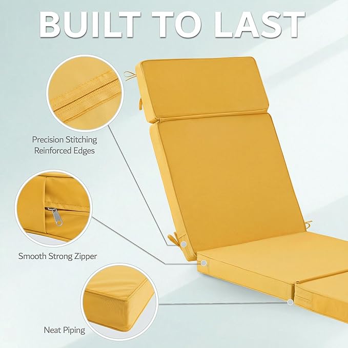72 x 21 Inch Outdoor Chaise Lounge Cushion - Removable Cover, 4-Section Design, Water-Repellent & Fade-Resistant, 6 Tie Straps, Replacement for Patio & Pool Chairs - Yellow