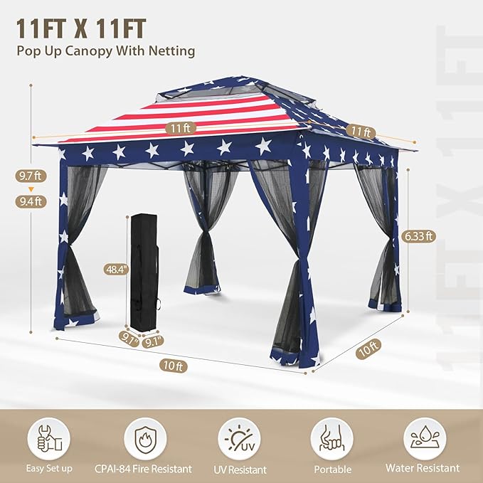 COOS BAY Pop up Gazebo 11x11, Instant Canopy Tent with Mesh Netting, Patio Gazebo with 121 Square Feet of Shade, 4 Weight Bags Included, American Flag