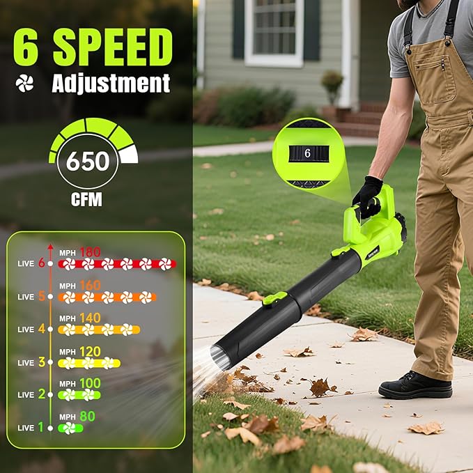 Leaf Blower Cordless,Electric Leaf Blower with 2 4.0Ah Battery Powered and Fast Charger, Lightweight Cordless Blowers for Spring Lawn Care and Dust,6 Speed Control