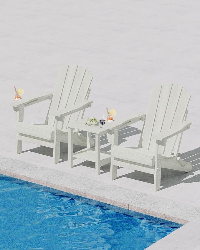 GarveeLife Folding Adirondack Chair Set of 4, All-Weather HDPE Outdoor Chair, Wooden Textured with Cup Holder for patios, Decks, Gardens, fire pits, White