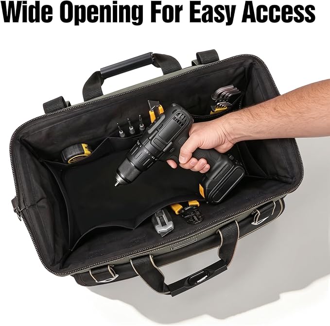 Tool Bag, Ounic 18 Inch Large Tool Tote Bag Heavy Duty With Waterproof Molded Base, Wide Mouth Tool Box Organizer with Adjustable Shoulder Strap for Electrician Mechanic Craftsman Plumbers(Black)