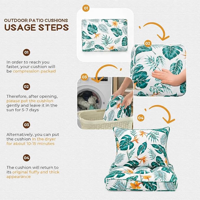 22x22 Waterproof Outdoor Chair Cushions Set of 2, Patio Cushions for Outdoor Furniture Water-Resistant & Fade-Resistant, Deep Seat & Back Cushion for Wicker Sofa (Yellow Leaf)