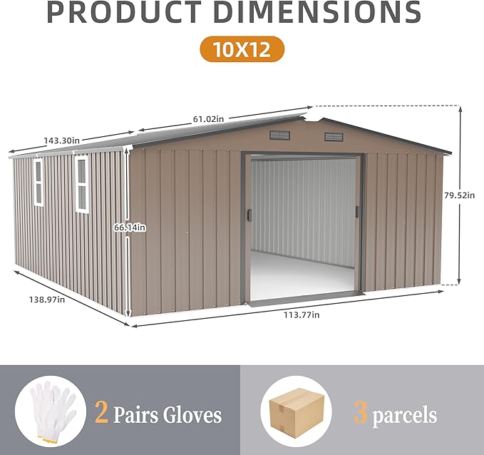 KEIKI 10x12 FT Metal Garden Storage Shed with Foundation Kit, Double Door Outdoor Tool Shed with 2 Windows, Color Steel Construction, Tool Shed for Lawn Equipment, Bikes, Trash Cans, Brown