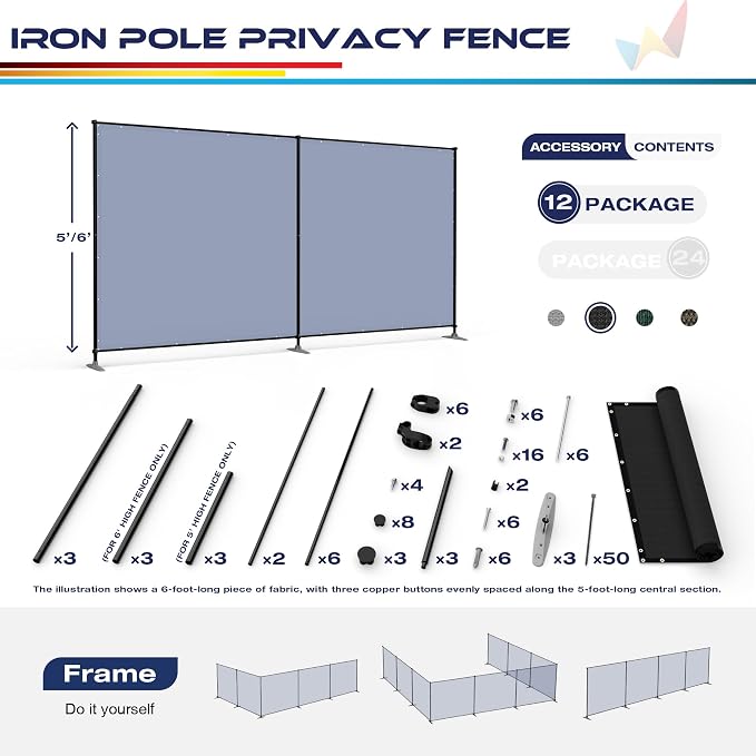 Windscreen4less Outdoor Privacy Fence Screen, 5'x145' Freestanding Privacy Fencing Set with Iron Poles and Ground Spikes, UV Resistant Mesh Cover Garden Pet Fencing for Backyard Patio Pool, Black