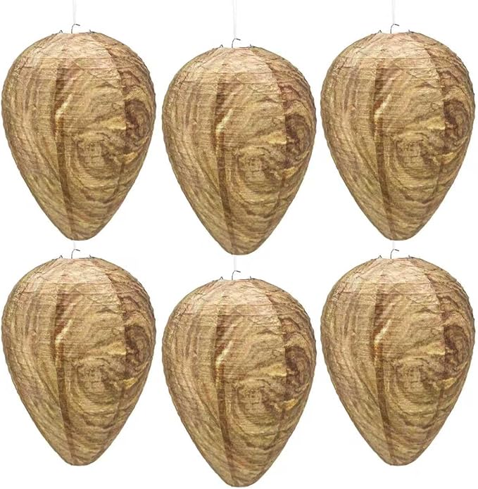 6 Pack Effective Waterproof Wasp Nest Outdoor, Hanging Fake Hornets Nest,Backyard Fake Bee Hive,8.3 inches Diameter 11.5 inches Height,Yellow Jackets