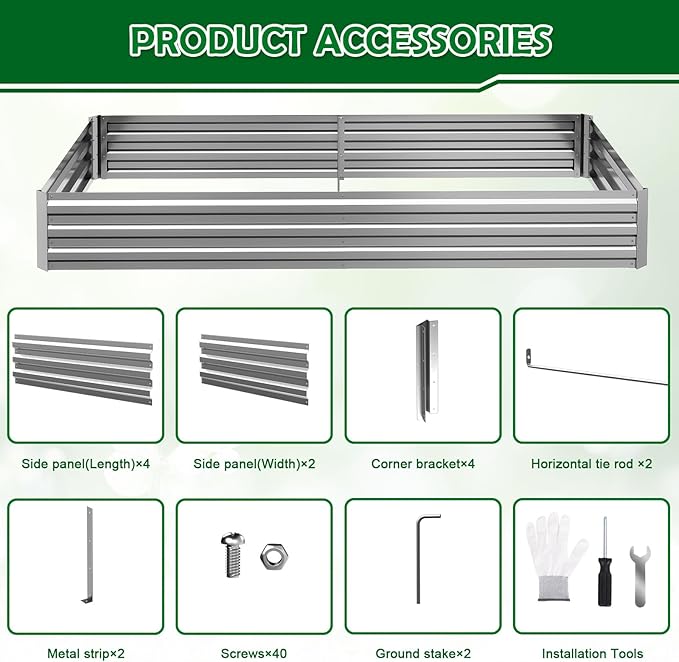 8x4x1FT Galvanized Raised Garden Bed Outdoor Patio, Large Rectangular Metal Planter Boxes,Plant Container Kit for Gardening, Vegetables, Flowers, Herbs,Silver,1 Pack