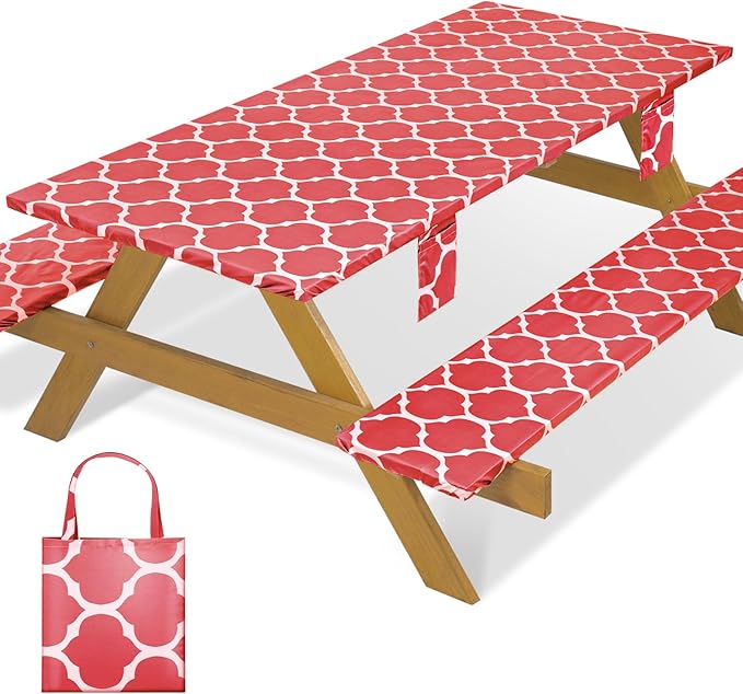 Fitted Waterproof Picnic Table Cover with Bench Covers Elastic Heat Resistant Outdoor Camping Tablecloth for 6 Foot Dinning Rectangle Tables Summer Rv Patio Garden Road Trip Essential Gift