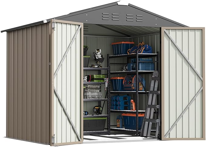 Patiowell 8x6 FT Outdoor Storage Shed with Floor Frame, Metal Garden Patio Sheds with Sloping Roof and Lockable Door, Waterproof Steel Tool Shed for Backyard Garden Lawn, Brown