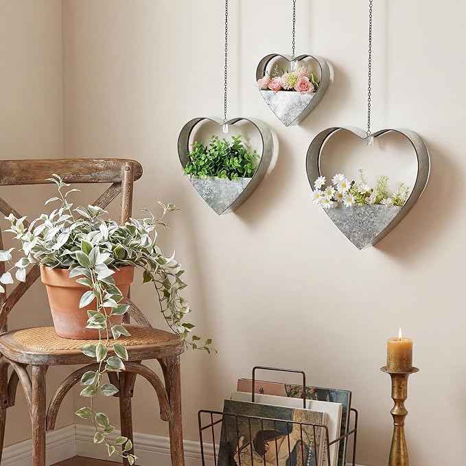 3 Pcs 3 Size Heart Metal Hanging Planter Indoor Outdoor, 13.4" 10.6" 7" Large Metal Plant Hangers Vintage Flower Pot with Hook Chain Drain Hole Gift for Gardener Women Mom Home Decor(Silver)