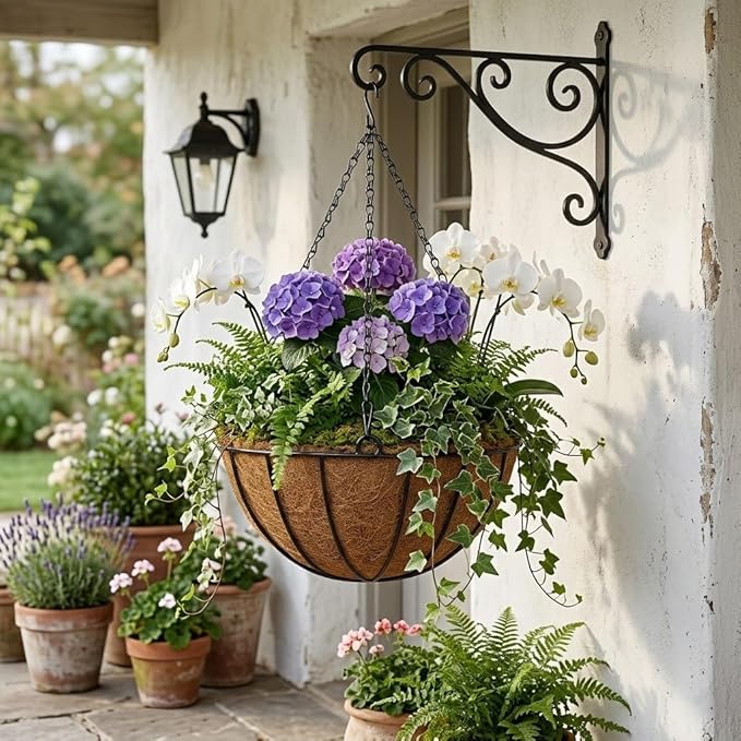 12 Inch Metal Hanging Basket with Coco Coir Liner for Flowers Planting, 2 Pack Hanging Baskets for Plants Outdoor, Round Wire Planters with Chain for Home Patio Porch Balcony Garden Decor