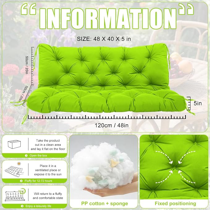 Porch Swing Cushions 2 Seater Replacement Thicken 5" Waterproof & Fade Resistant Swing Cushions for Outdoor Furniture Bench Patio Swing Cushion with Backrest & Ties(Green 48x40x5inch)