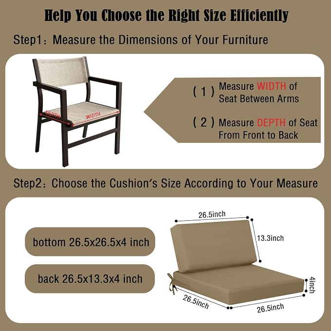 idee-home Outdoor Chair Cushions for Patio Furniture, Outdoor Seat Cushion | Waterproof Hampton Bay Deep Seat Replacement Couch Cushions for Garden Backyard Deck 26.5 x 26.5