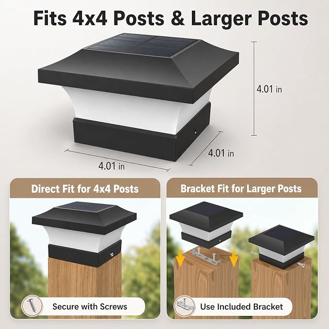 T-SUN 4X4 Solar Post Cap Lights, 6 Pack Warm White LED Fence Post Solar Lights, Outdoor Waterproof Post Lights for Wood & Vinyl Fence Posts, Deck, Patio Railing, Porch, Black