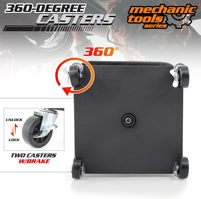 M-AUTO Padded Seat Garage Stool on Wheels, 16”-21” Height Adjustable Swivel Mechanics Seat with Tool Tray Storage for Garage and Garden, 300lbs Capacity