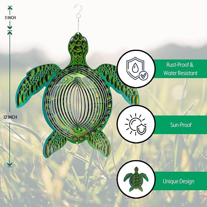 ISEO® Turtle Wind Spinner for Yard and Garden, Hanging Outdoor Decor, Yard Art, Porch and Patio Decorations, Metal Wind Spinners Outdoor, Weather Resistant, 12”