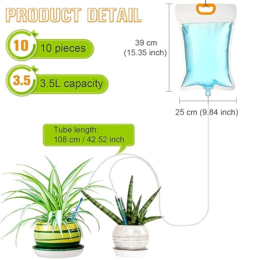 Plant Water Bag Automatic Plant Watering Drip Irrigation Kit with 3.5 L Water Bag and Adjustable Control Valve Switch Automatic Drip Irrigation Kits for Indoor Outdoor Garden (10 Pieces)