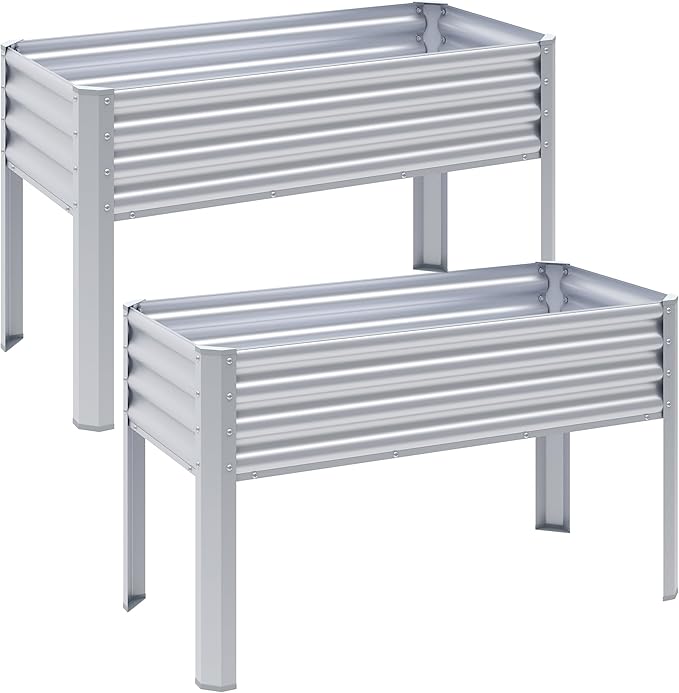 2Pcs Galvanized Raised Garden Bed with Legs, 43×24×32in Large Metal Elevated Raised Planter Box with Drainage Holes for Backyard, Patio, Balcony, 400lb Capacity,Sliver