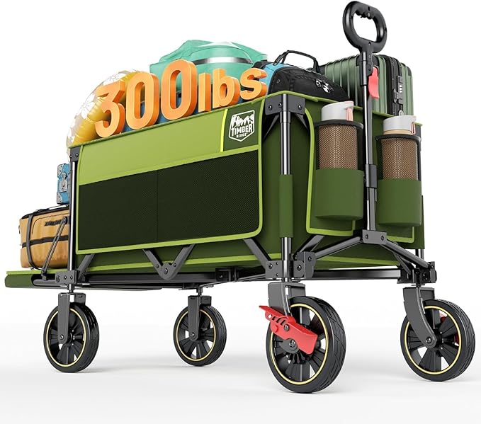 Timber Ridge 49" Extra Long Collapsible Folding Wagon with Tailgate and Brakes, 300lbs Heavy Duty Foldable Wagon with Adjustable Handle, 250L Capacity Portable Cart for Outdoor Camping Sports, Green
