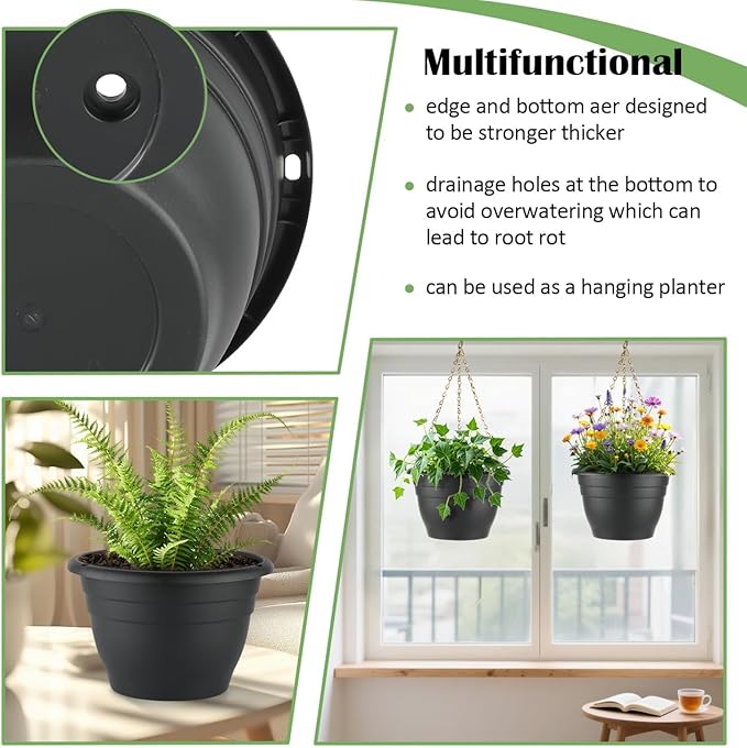 RooTrimmer 5 Pack 10 Inch Plant Pots Plastic Planters with Drainage Holes & Plugs,Lightweight Flower Pots for Indoor Outdoor Plants,Flowers,Monstera,Snake Plant,Home Garden(Black)