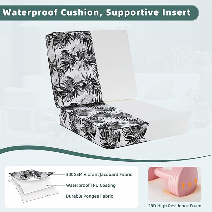 Favoyard Deep Seat Patio Cushion 24 x 24 x 4 in Waterproof Seat & Back Cushion Set with Color Fade Resisitant Pattern, Portable Handle, Attach Straps, Zipper on Removable Cover for Outdoor Furniture