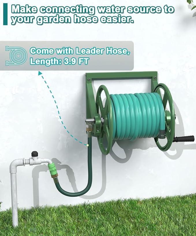 Artigarden Garden Hose Reel Wall Mounted, Outdoor Heavy Duty Powder Coated Metal Water Hoses Holder Winder Holds 125 ft 5/8" Hoses with 3.9ft Leader Hose, Stainless Steel Connector for Outside, Green