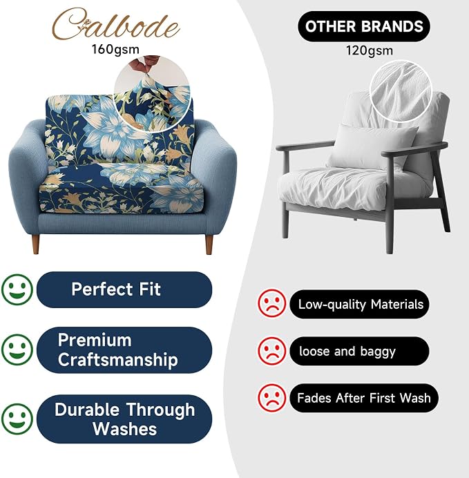 CALBODE 12Pcs Stretch Patio Cushion Cover, Printed Couch & Sofa Slipcovers for Patio Furniture Cushions Washable Reusable Couch Covers Replacement for Autumn Winter (Dark Blue Floral, Cover Only)