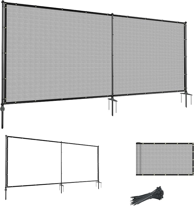 5'Hx7'W Outdoor Freestanding Privacy Screen Fence Panels with Iron Poles, Mesh Shade Net Cover Temporary Fencing for Patio Backyard Garden Deck, Light Gray