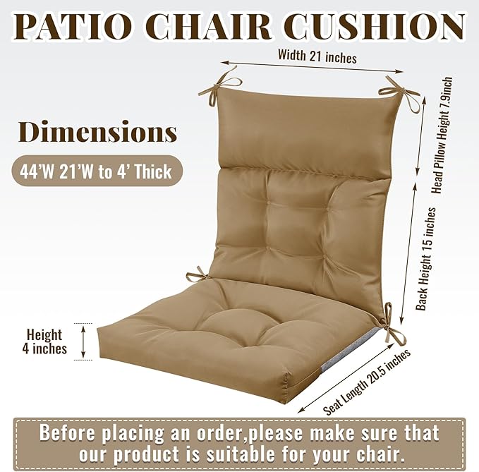 Sintuff 2 Pcs 44 x 21 x 4 Patio Chair Cushions Outdoor Chair Cushion Seat/Back Tufted Pillow with Ties Water Resistant Replacement Indoor Patio Furniture Outdoor Furniture (Solid Color,Brown)