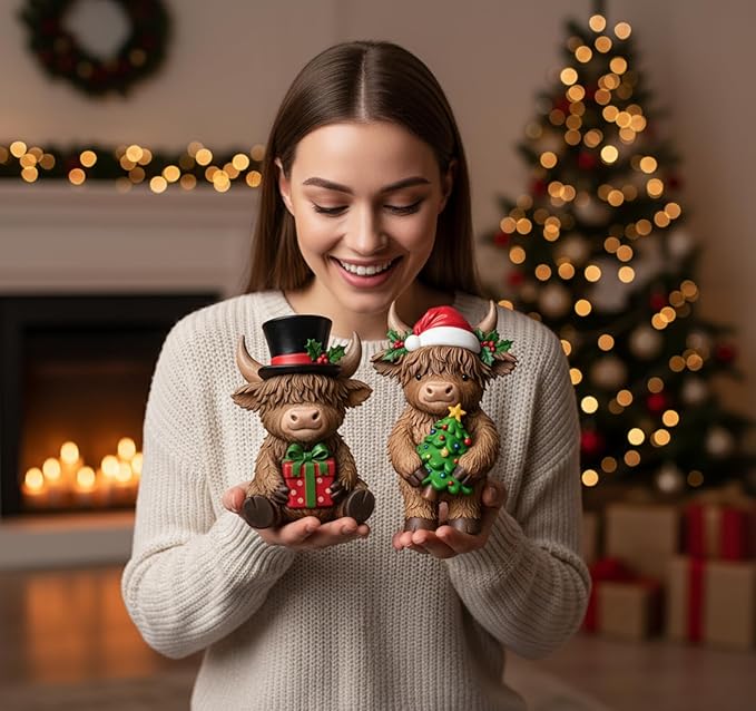 Simgoing 2 Pack Christmas Highland Cow Figurines Highland Cow Statues with Santa Hat Resin Xmas Figurine Merry Christmas Table Decoration for Winter Holiday Farmhouse Tiered Tray Garden Home Gift
