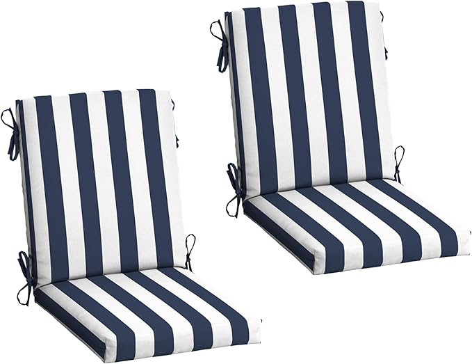 Arden 2-Pack Outdoor Patio Dining Chair Cushion, 20x44, Rain-Proof Seat Pad, Fade-Resistant Outdoor Cushion Sapphire Blue Cabana Stripe