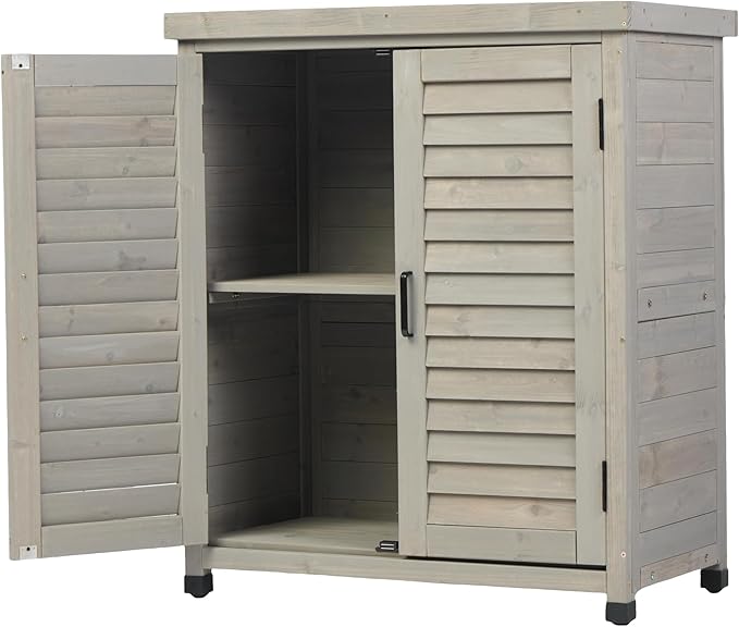 YOPTO Outdoor Wood Storage Cabinet,Garden Shed Tool with Metal Table Top, Backyard Waterproof Shelter W/Ventilated Screen Door & 2 Handles,2 Compartments,Workstation for Lawn,31x17x36'',Grey