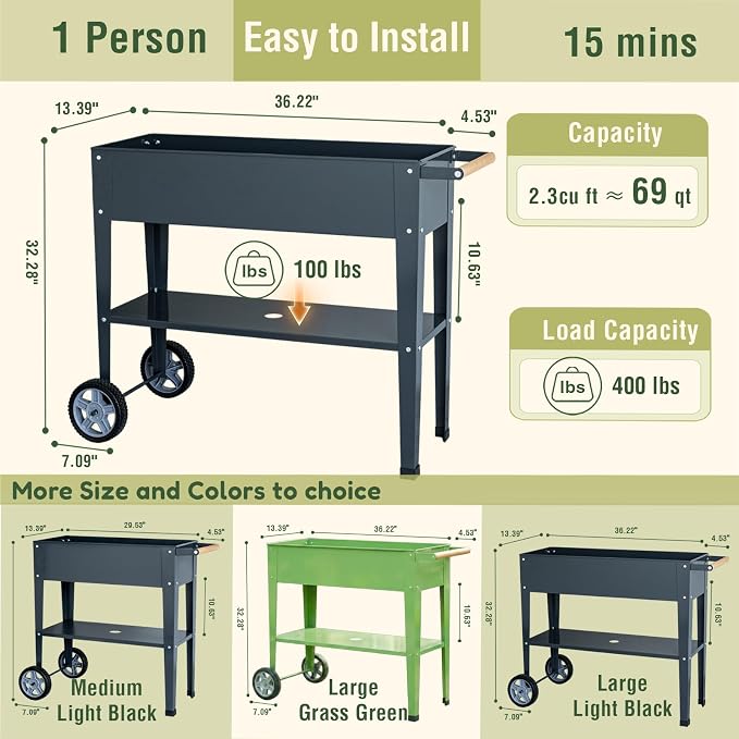 Raised Garden Bed Outdoor with Wheels, Leg and Wooden Handle, 36.2x13.4x32.3in, 400lb Cap, Metal Elevated Raised Planter Box for Herb, Vegetable, Perfect for Backyard, Balcony, Light Black