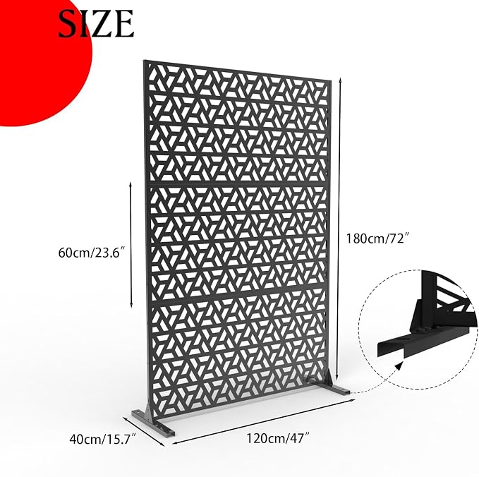 Metal Privacy Screen,72" h x 47" w 3-Panel Freestanding Decorative Fence with Stand for Outdoor Patio, Lawn, Garden, Deck, Balcony