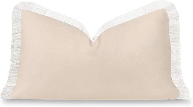 Hofdeco Premium Coastal Hampton Patio Indoor Outdoor Lumbar Pillow Cover Only, 12"x20" Water Repellent for Backyard, Couch, Poolside, Neutral Tan Print Solid