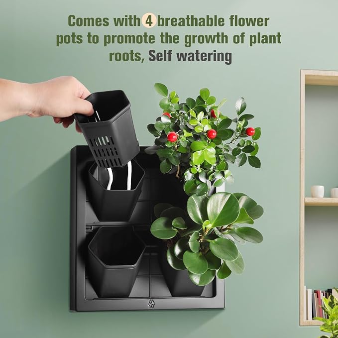 Wall-Mounted Planters Indoor, Living Wall Planter with 4 Pots - Vertical Planter Wall & Hanging Planter for Home, Office, Balcony or Shop No Assembly Required (White)