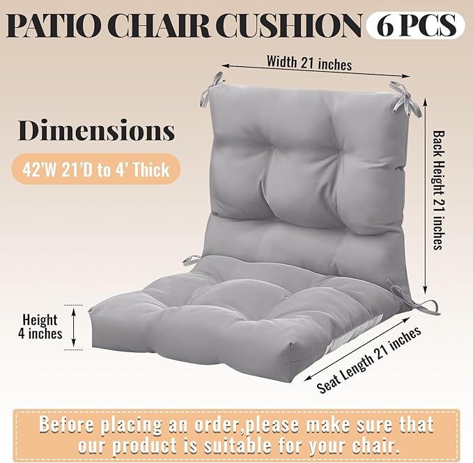 Marsui 6 Pcs Outdoor Indoor High Back Chair Cushions Patio Furniture Tufted Pillow with Ties Water-Resistant Replacement Outdoor Rocking Chair Cushions, 42 x 21 Inches (Gray,Solid Color)
