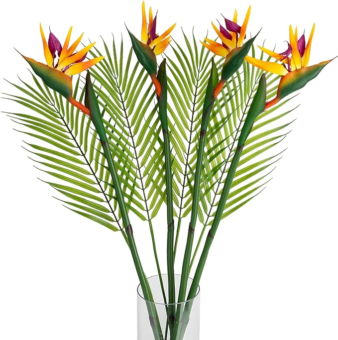8 PCS Bird of Paradise Artificial Plant Combo Palm Leaves,4 Faux Bird of Paradise Plant with 4 Artificial Palm Leaves for Wedding Garden Office Home Indoor and Outdoor Decor(Yellow)