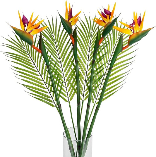 8 PCS Bird of Paradise Artificial Plant Combo Palm Leaves,4 Faux Bird of Paradise Plant with 4 Artificial Palm Leaves for Wedding Garden Office Home Indoor and Outdoor Decor(Yellow)