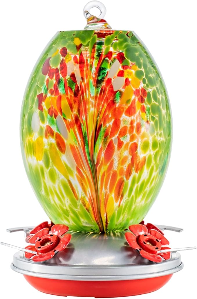 Muse Garden Glass Humming Bird Feeders for Outdoors - 27OZ Blown Glass Hummingbird Feeder - Unique Gift Mom Women Grandparents, Outdoors Hanging Garden Decor, Ant Moat & Brush, Green Floral